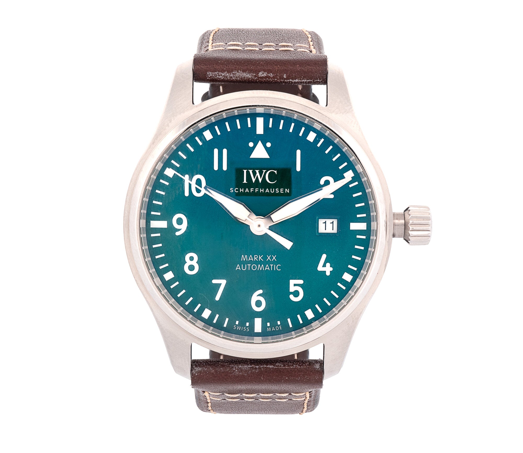 IWC Schaffhausen Pilot's Watch Mark XX IW328205 40mm Stainless Steel Green Dial Automatic Leather Strap Mens Watch