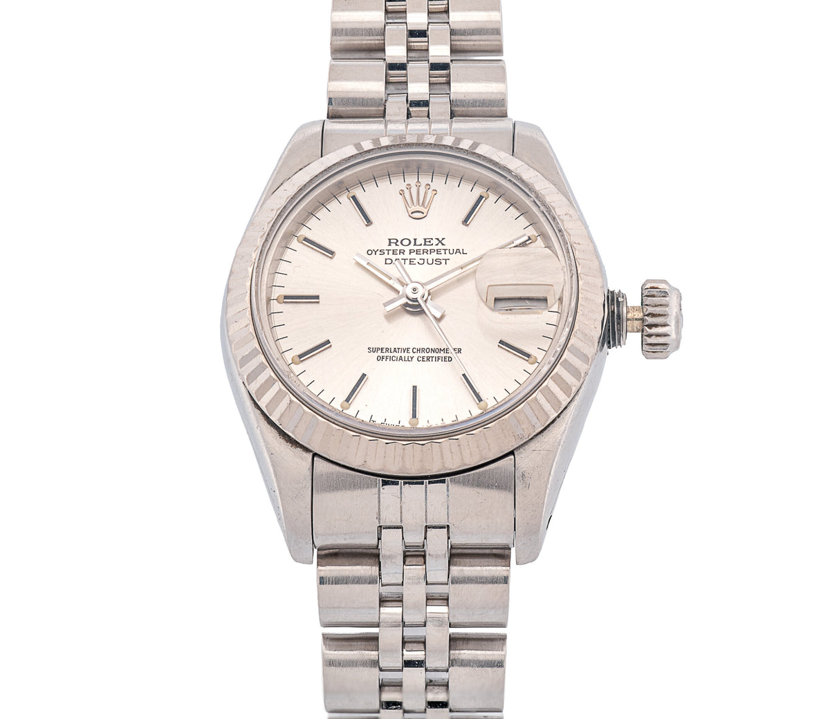 Ladies SS Rolex Datejust on Jubilee band, 18k WG Fluted Bezel, 26mm