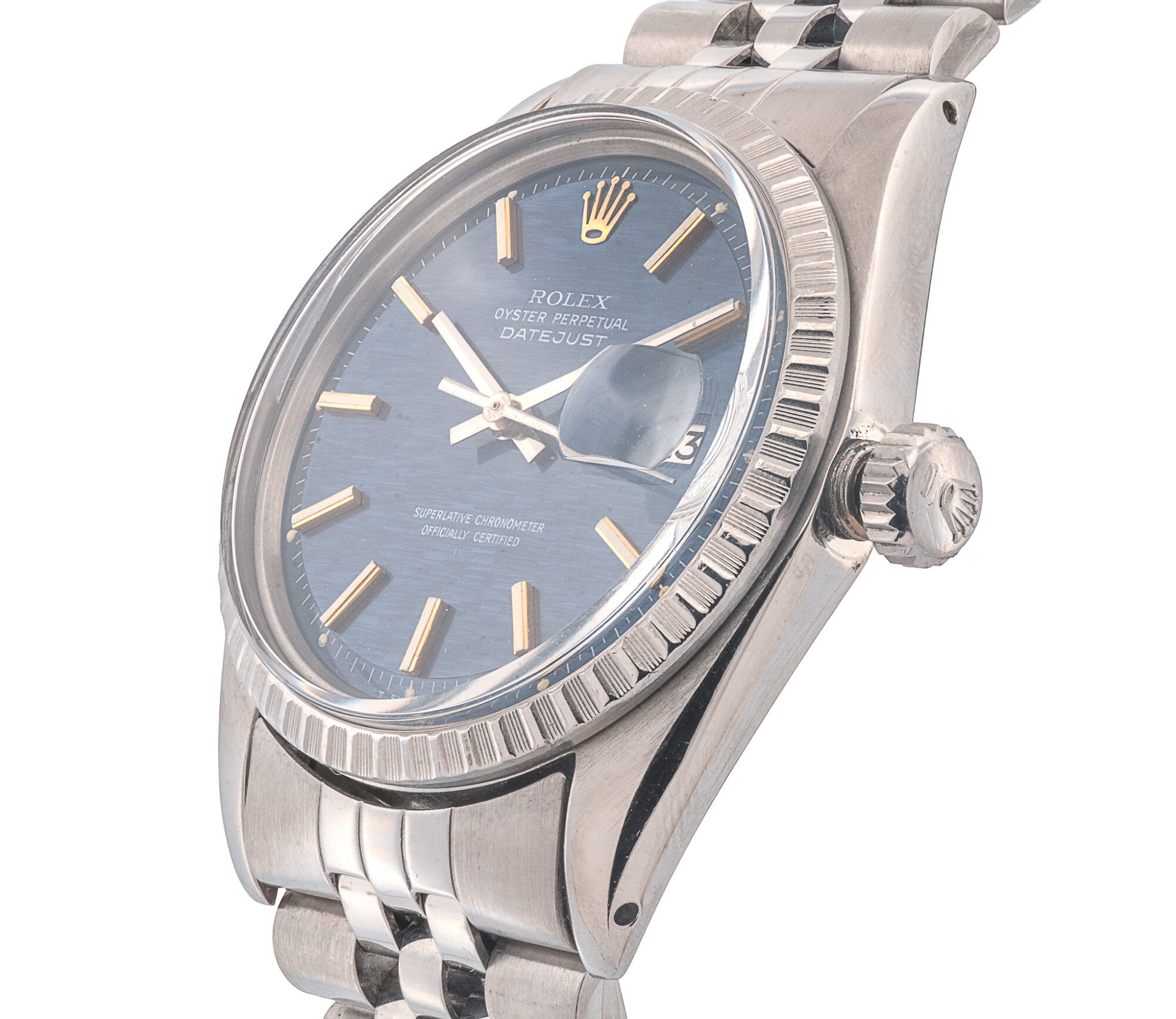 Rolex Datejust 36mm Stainless Steel Blue Linen Dial Fluted Bezel Automatic Ref 1603