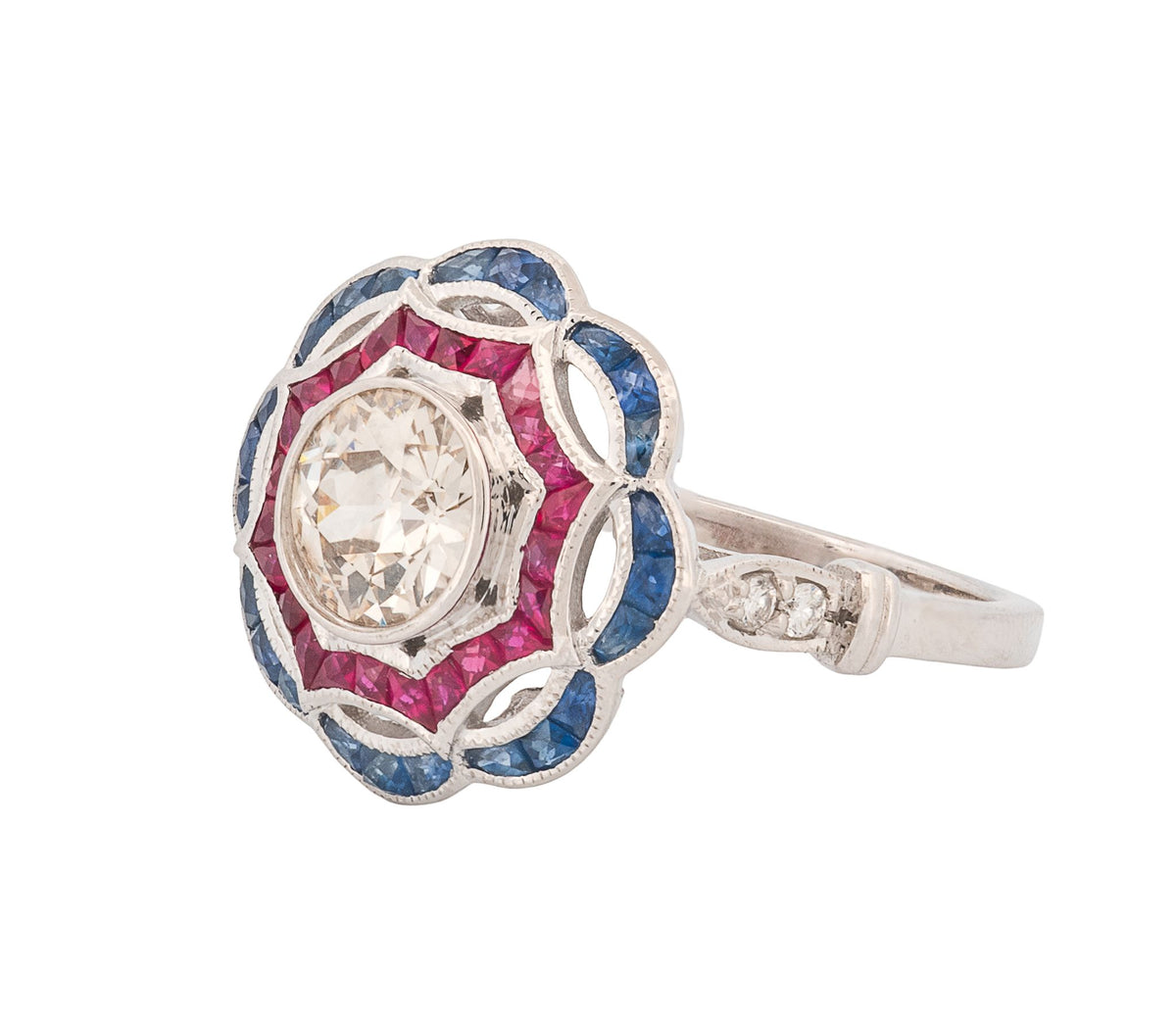 18K White Gold Diamond, Calibre-cut Ruby & Sapphire Engagement Ring