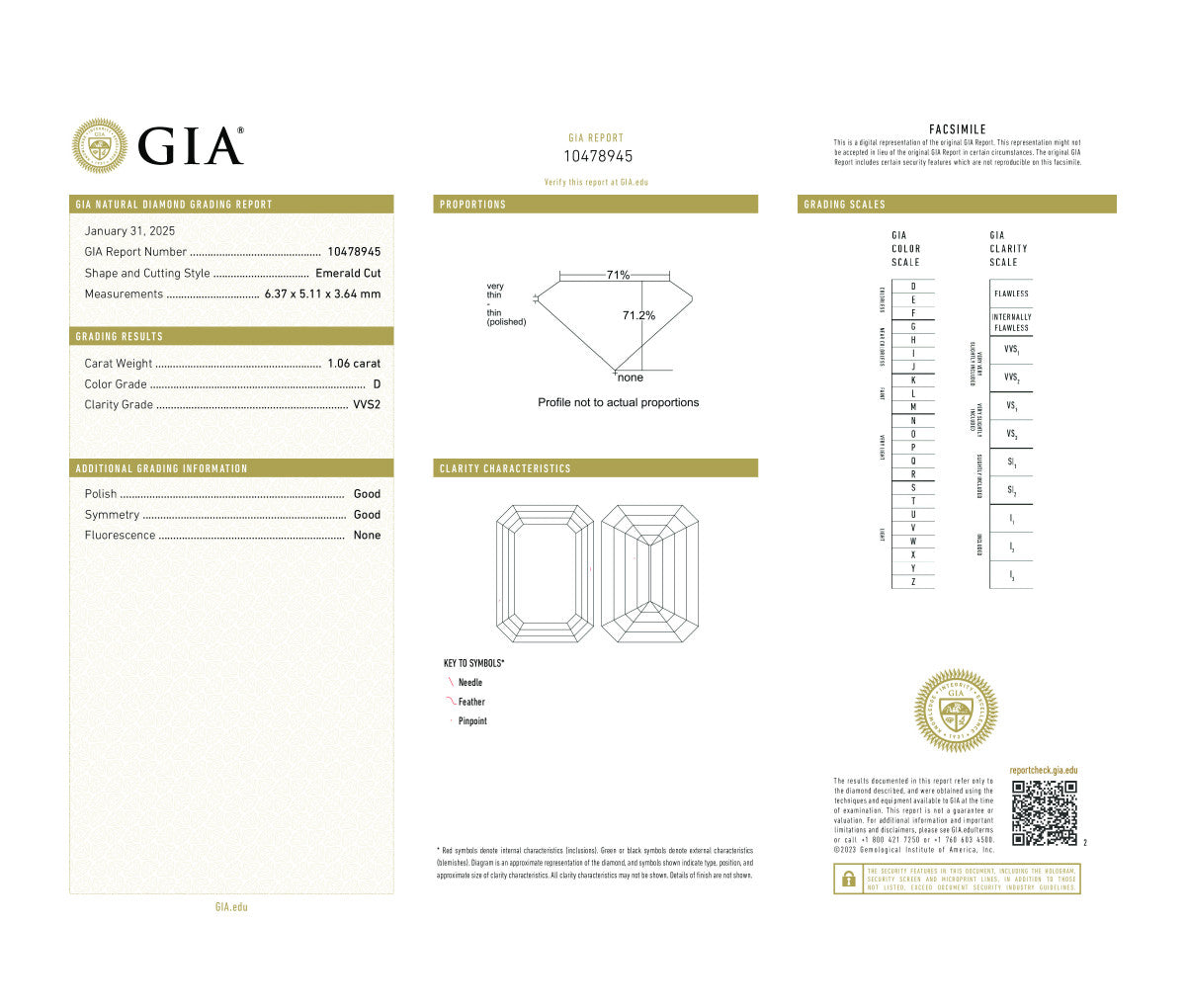 Emerald Cut 1.06 D VVS2  GIA Certified Diamond