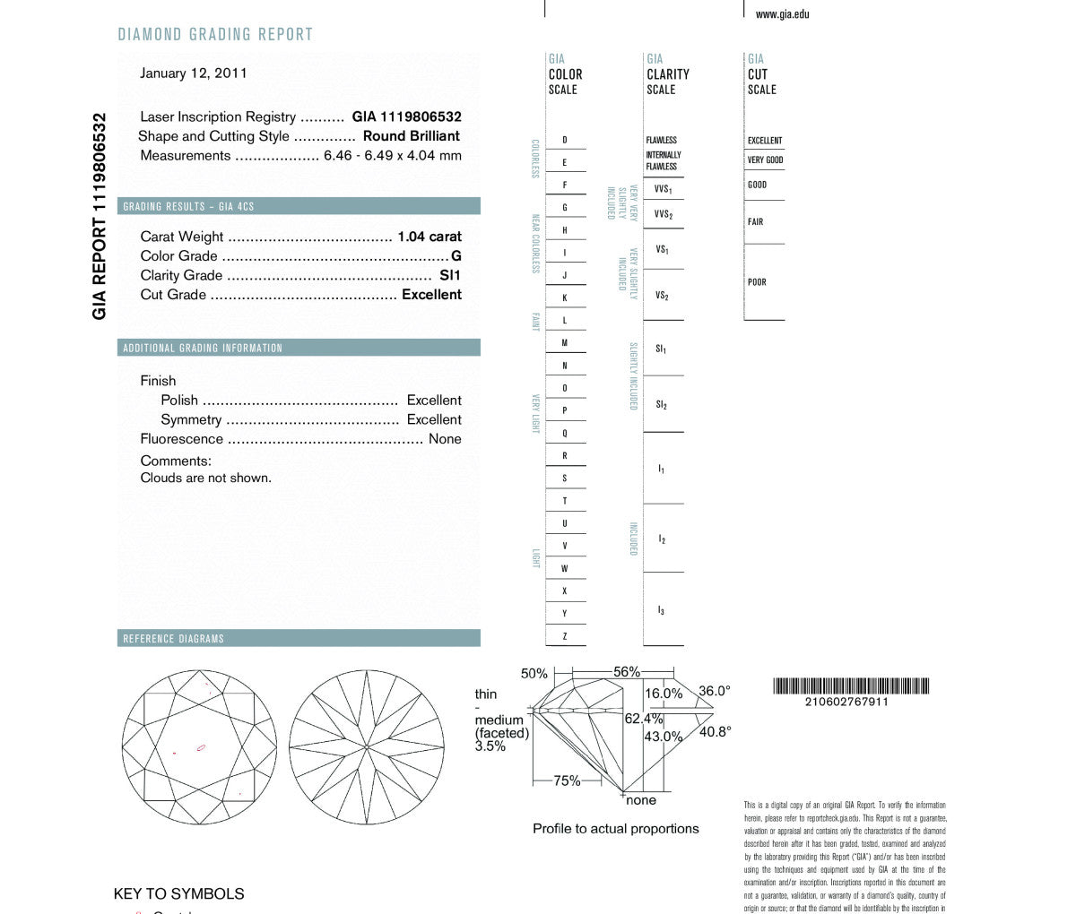 Round Brilliant 1.04 G SI1  GIA Certified Diamond