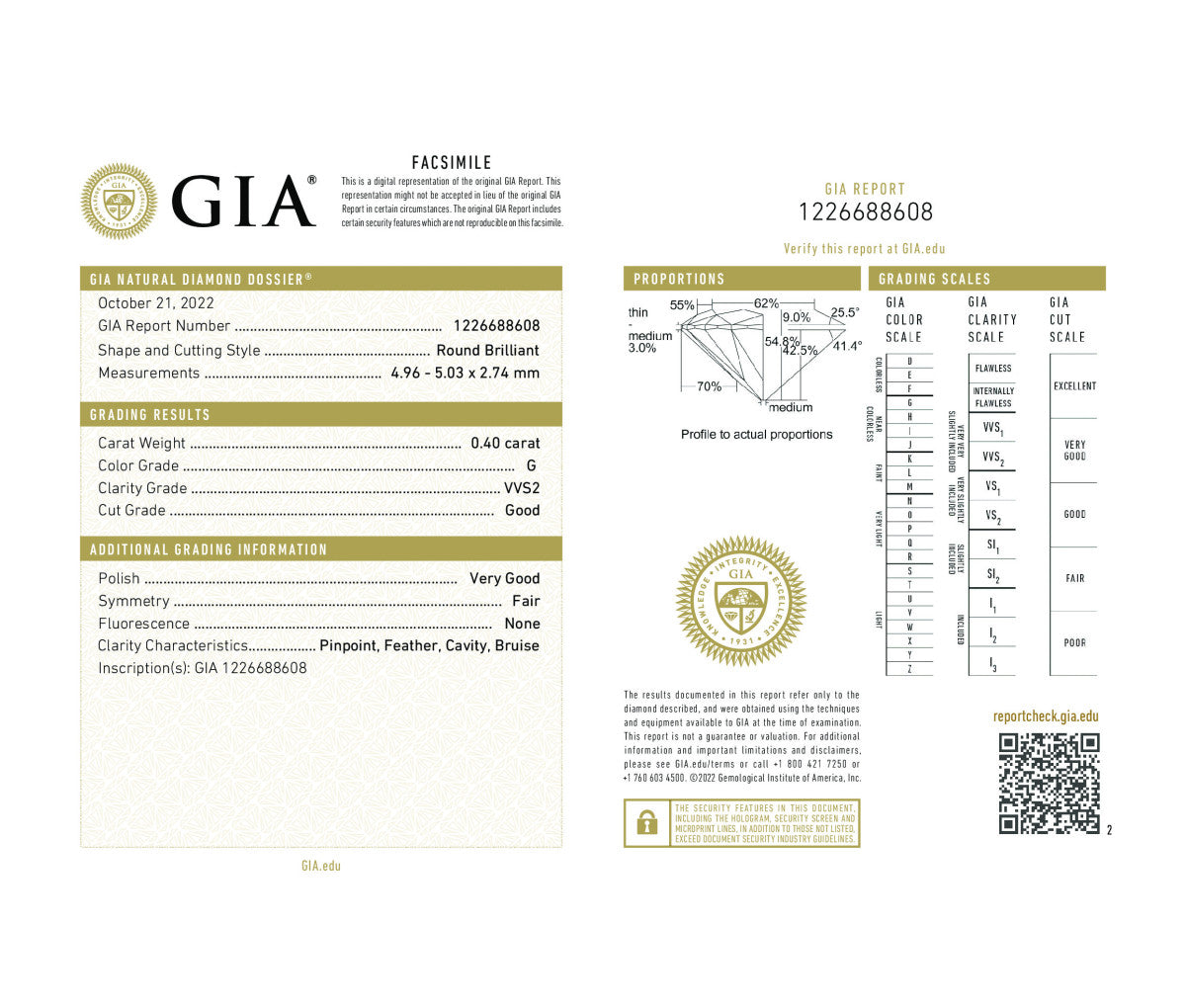 Round Brilliant 0.40 G VVS2  GIA Certified Diamond