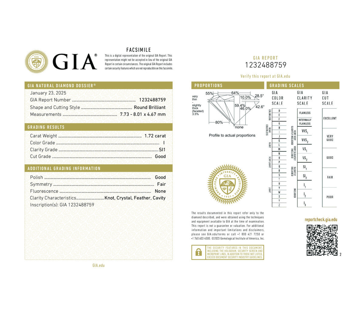 Round Brilliant 1.72 I SI1  GIA Certified Diamond