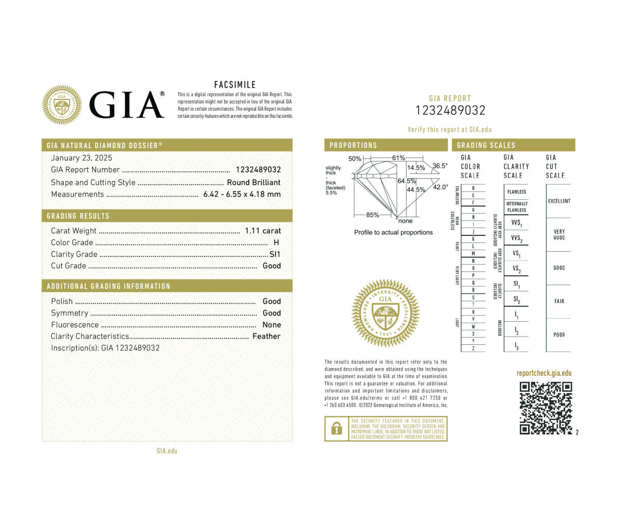 Round Brilliant 1.11 H SI1  GIA Certified Diamond