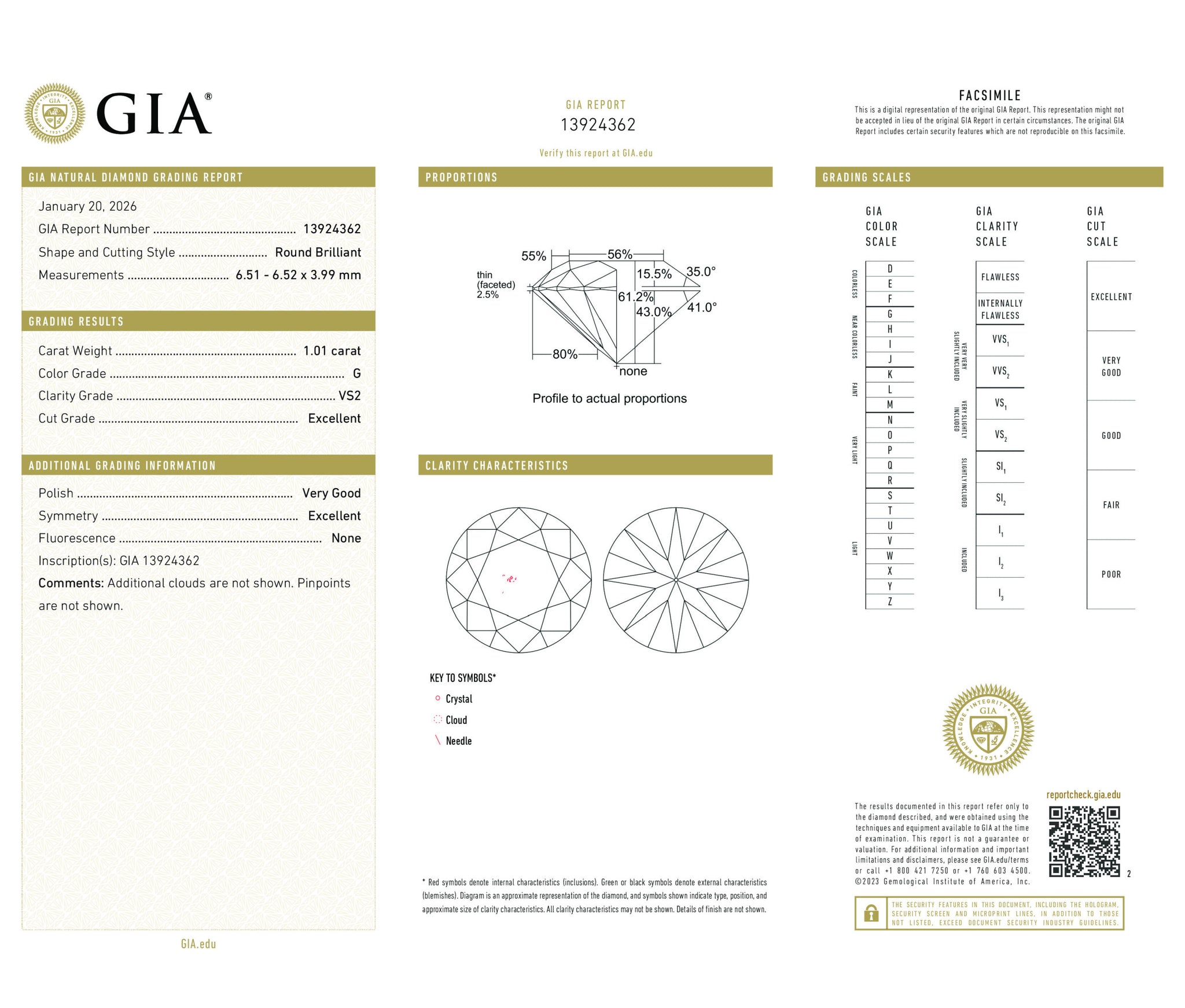 Round Brilliant 1.01 G VS2  GIA Certified Diamond