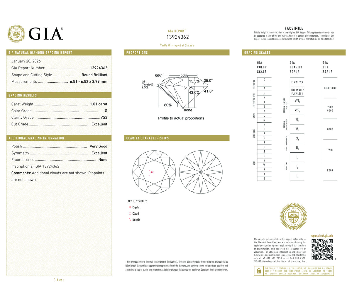 Round Brilliant 1.01 G VS2  GIA Certified Diamond