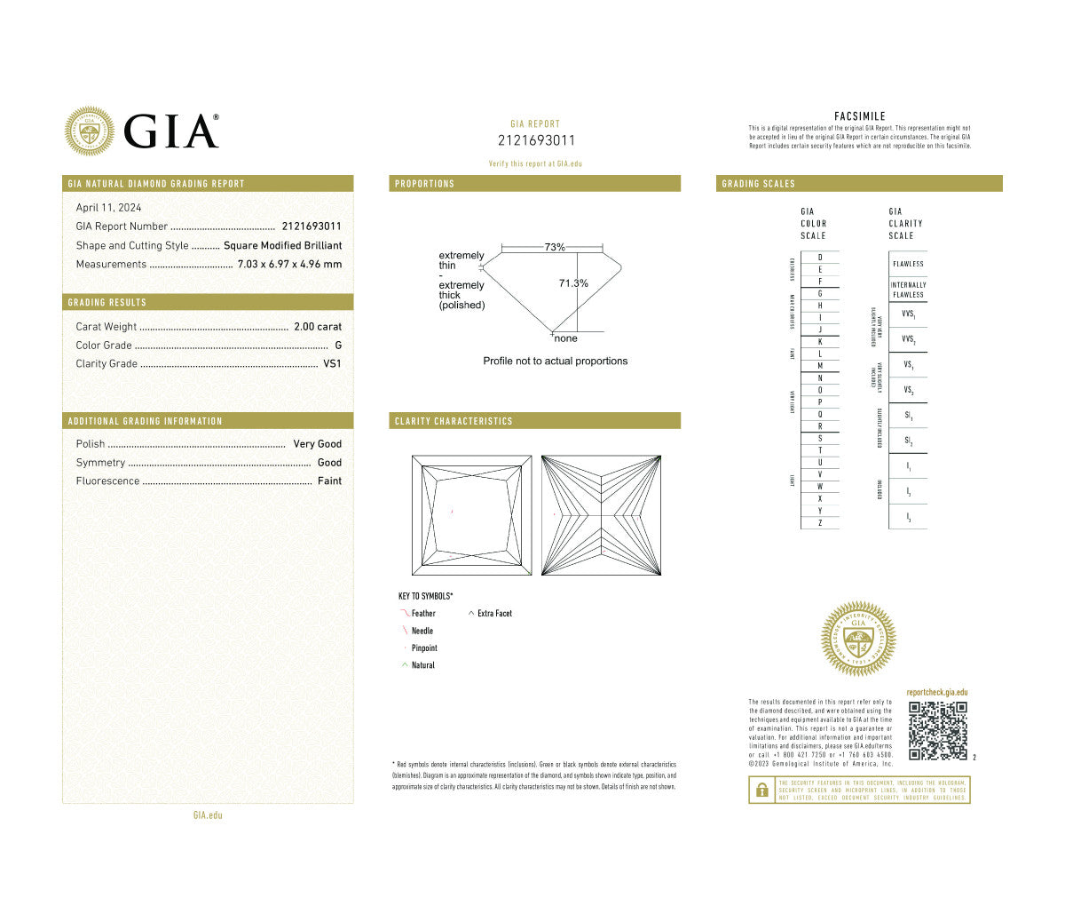 Square Modified Brilliant 2.00 G VS1  GIA Certified Diamond
