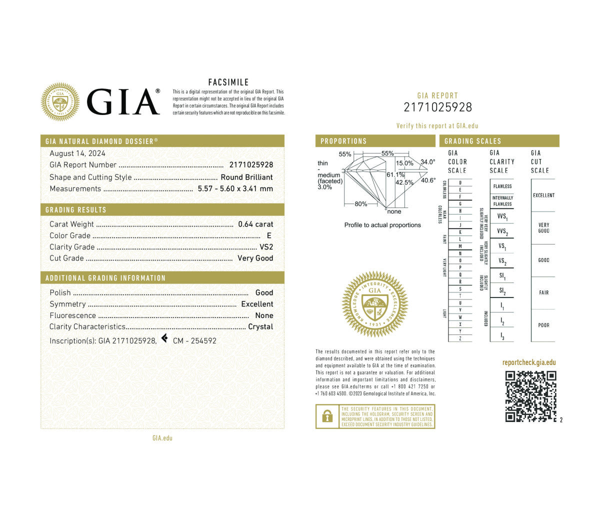 Round Brilliant 0.64 E VS2  GIA Certified Diamond