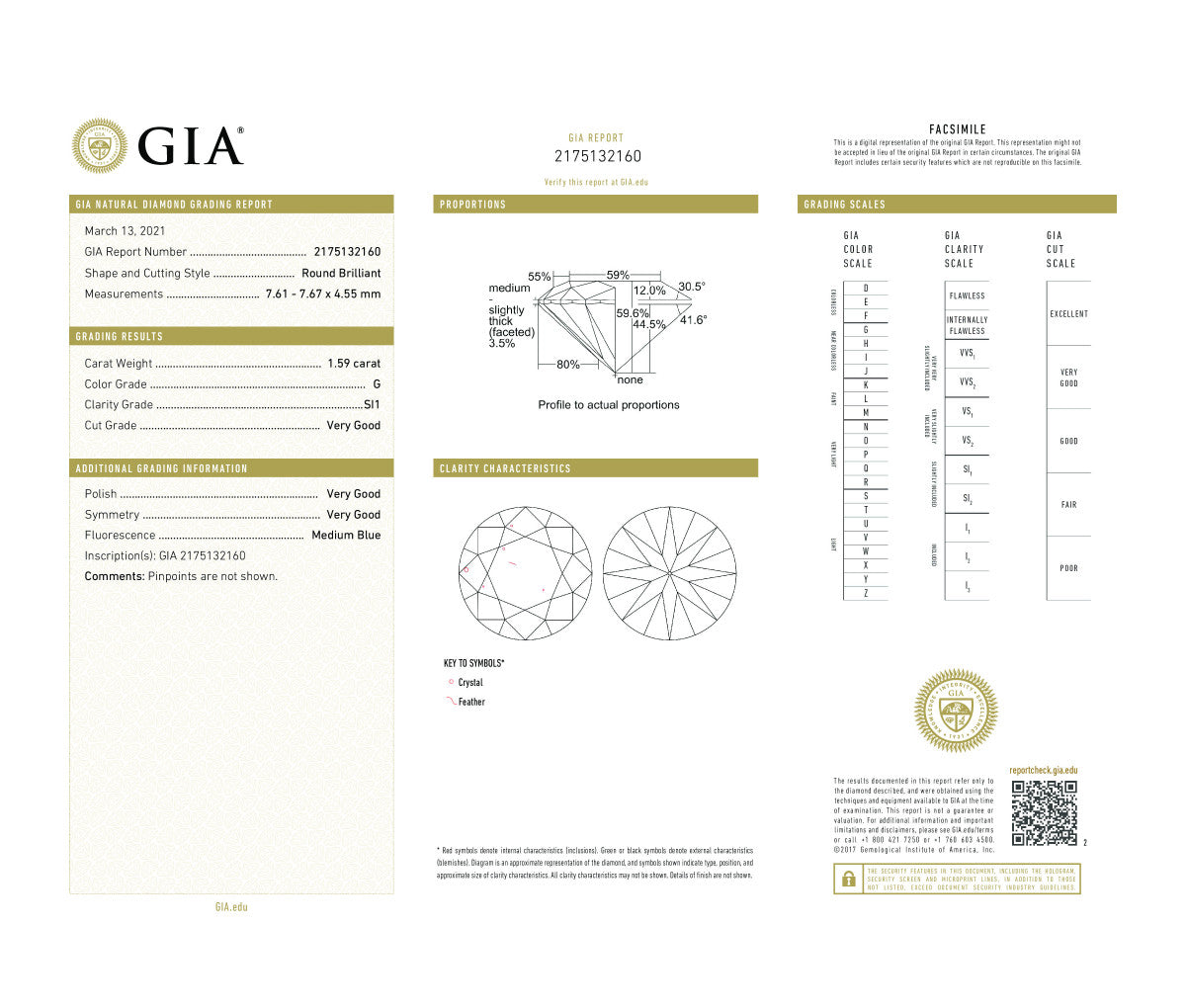 Round Brilliant 1.59  G SI1 GIA Certified Diamond