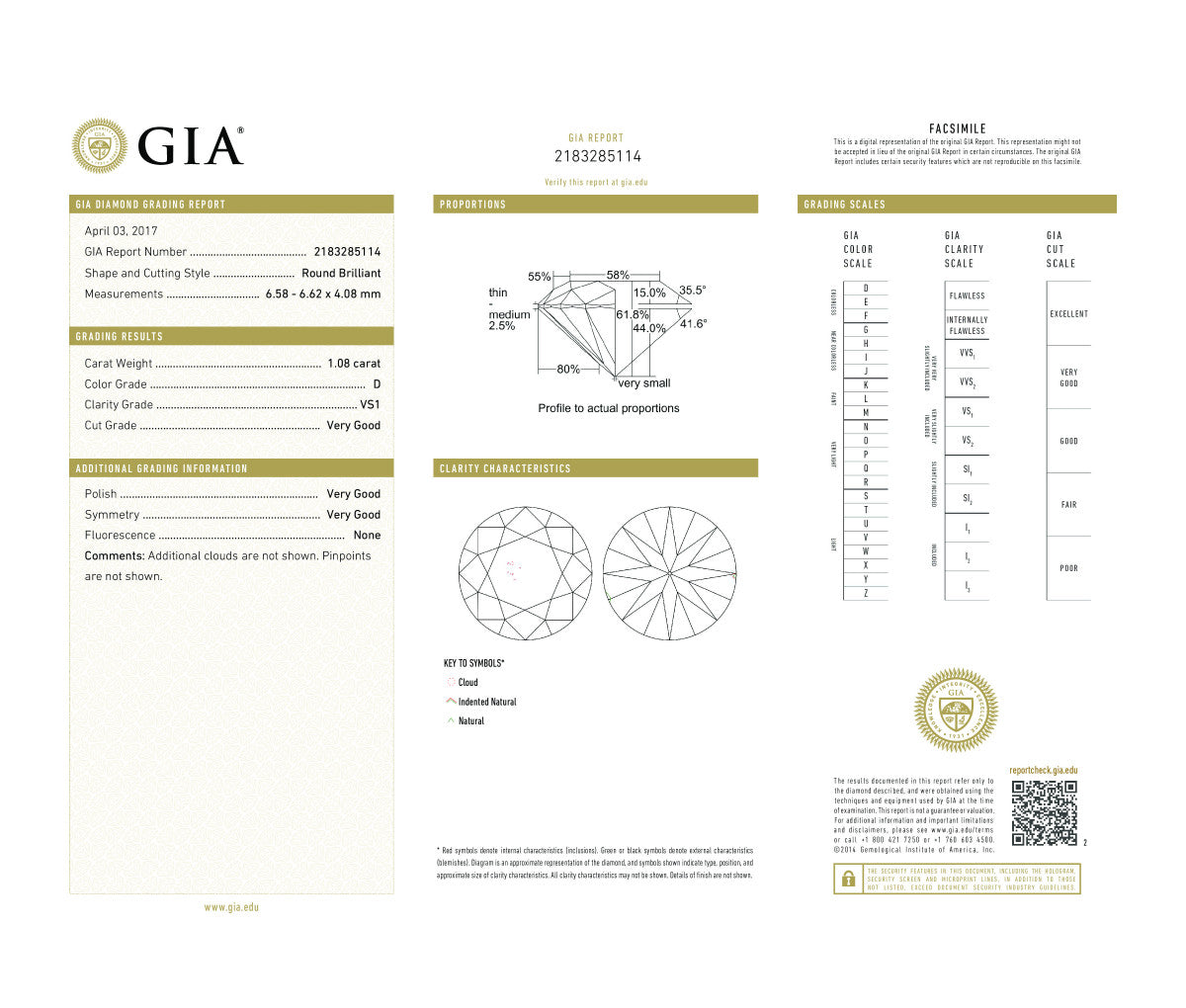 Round Brilliant 1.08 D VS1  GIA Certified Diamond