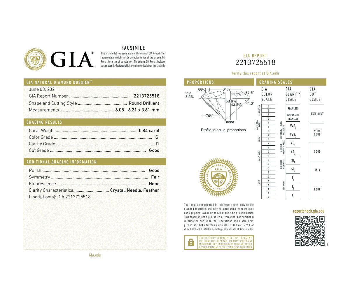 Round Brilliant 0.84 G I1  GIA Certified Diamond