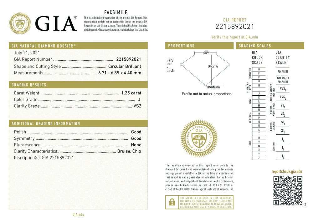 Circular Brilliant 1.25 J VS2 GIA Certified Diamond