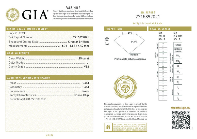 Circular Brilliant 1.25 J VS2 GIA Certified Diamond