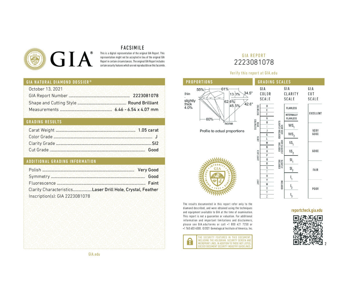 Round Brilliant 1.05 J SI2 GIA Certified Diamond