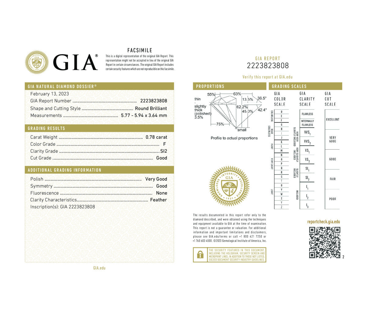 Round Brilliant 0.78 F SI2  GIA Certified Diamond