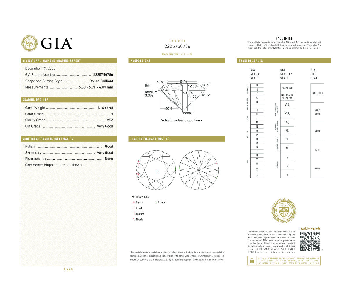 Round Brilliant 1.16 H VS2  GIA Certified Diamond