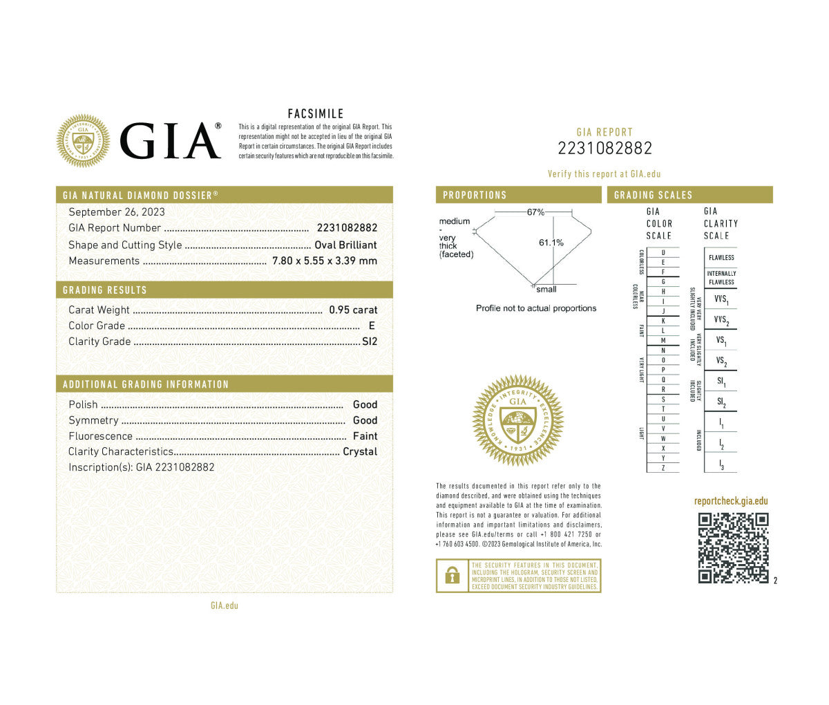 Oval Brilliant 0.95 E SI2  GIA Certified Diamond