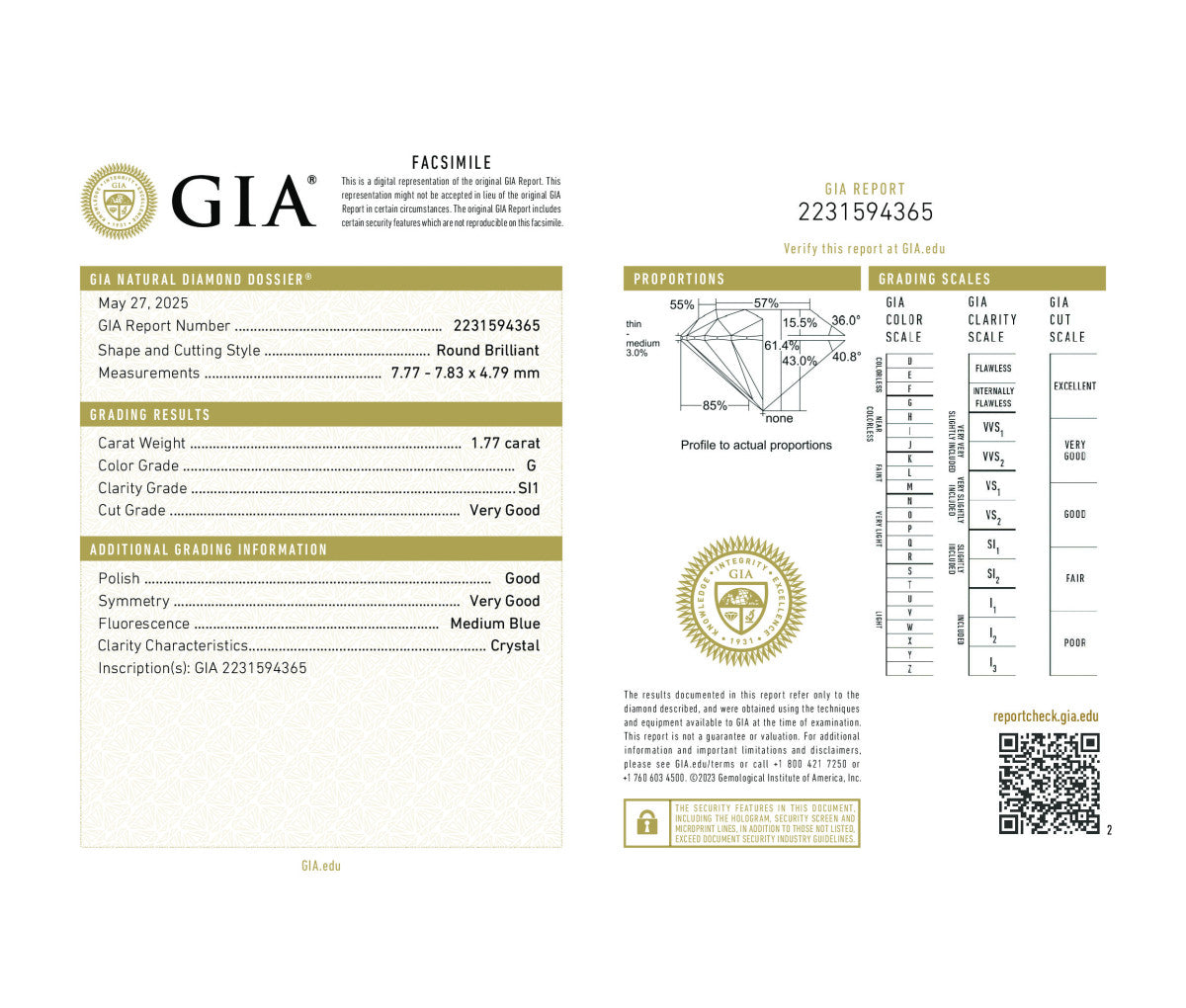 Round Brilliant 1.77 G SI1  GIA Certified Diamond
