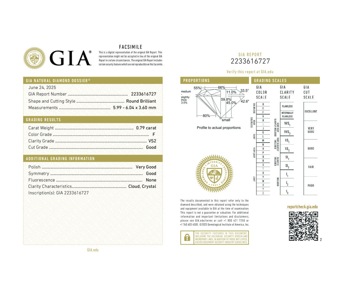 Round Brilliant 0.79 F VS2  GIA Certified Diamond