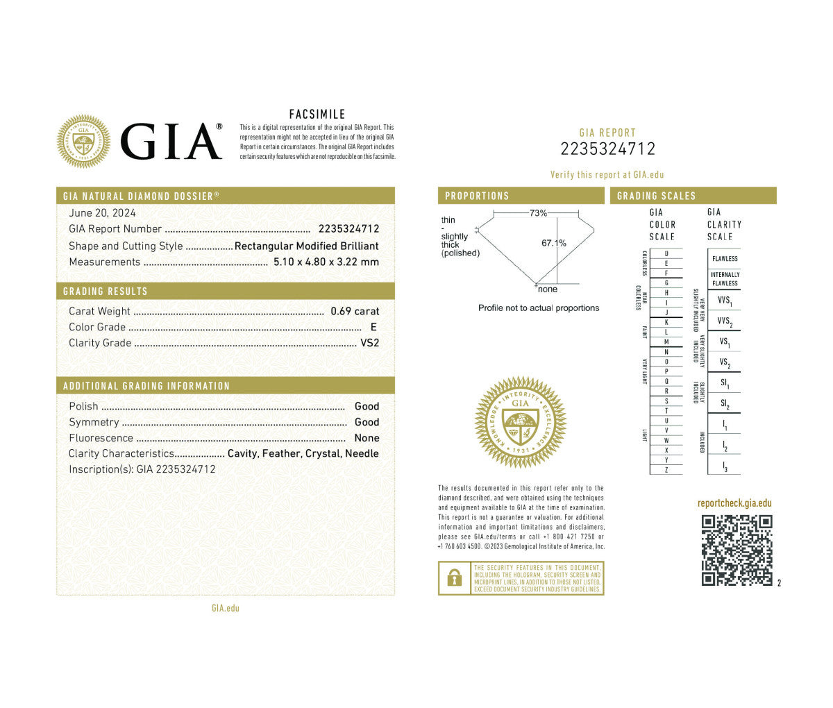 Rectangular Modified Brilliant 0.69 E VS2  GIA Certified Diamond