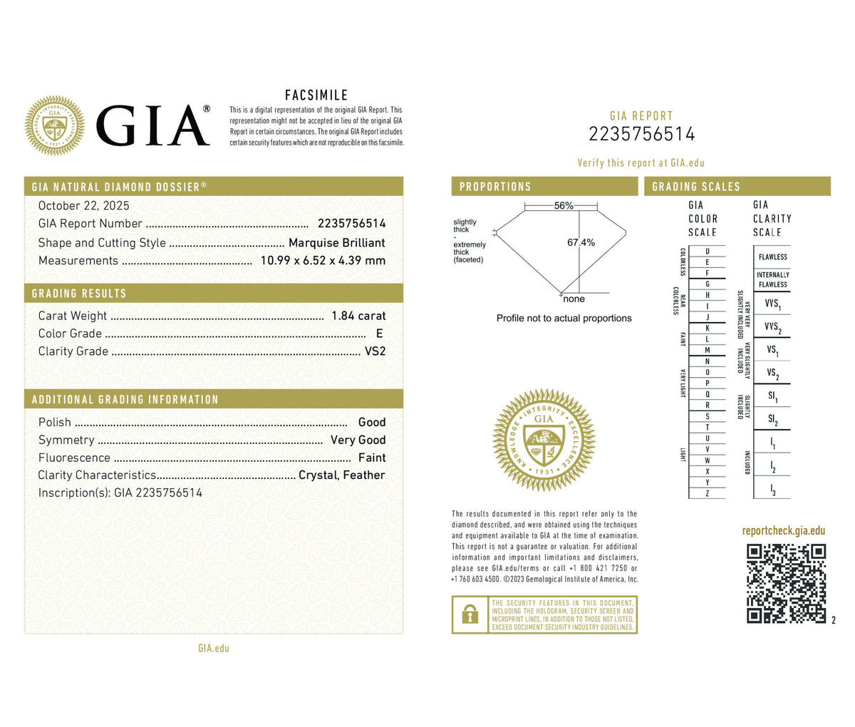 Marquise Brilliant 1.84 E VS2  GIA Certified Diamond