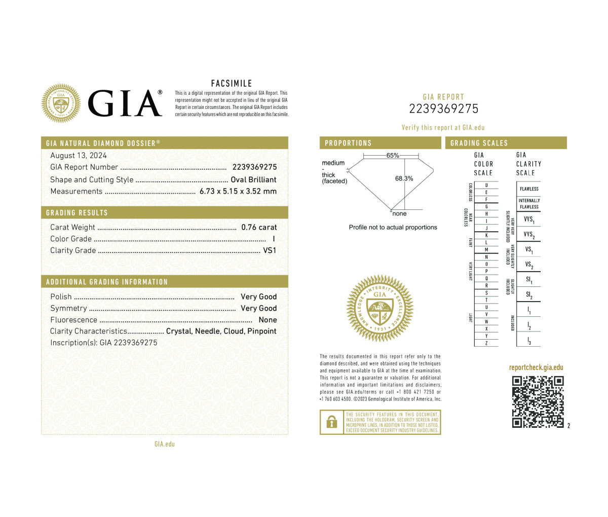 Oval Brilliant 0.76 I VS1  GIA Certified Diamond