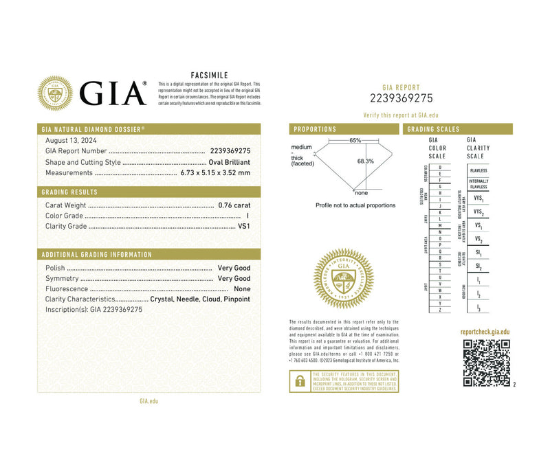 Oval Brilliant 0.76 I VS1  GIA Certified Diamond
