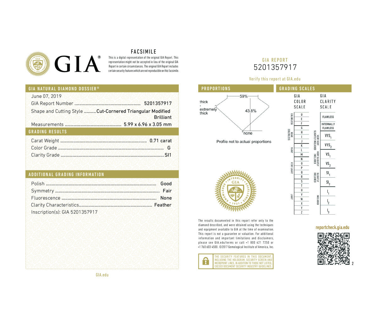 Cut-Cornered Triangular Modified Brilliant 0.71 G SI1  GIA Certified Diamond