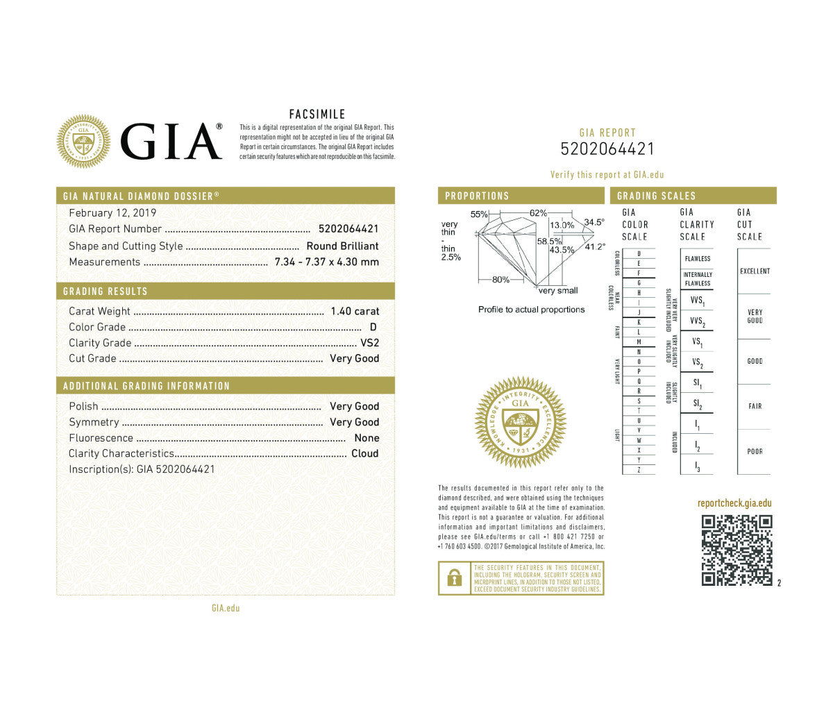Round Brilliant  1.40 D VS2 GIA Certified Diamond