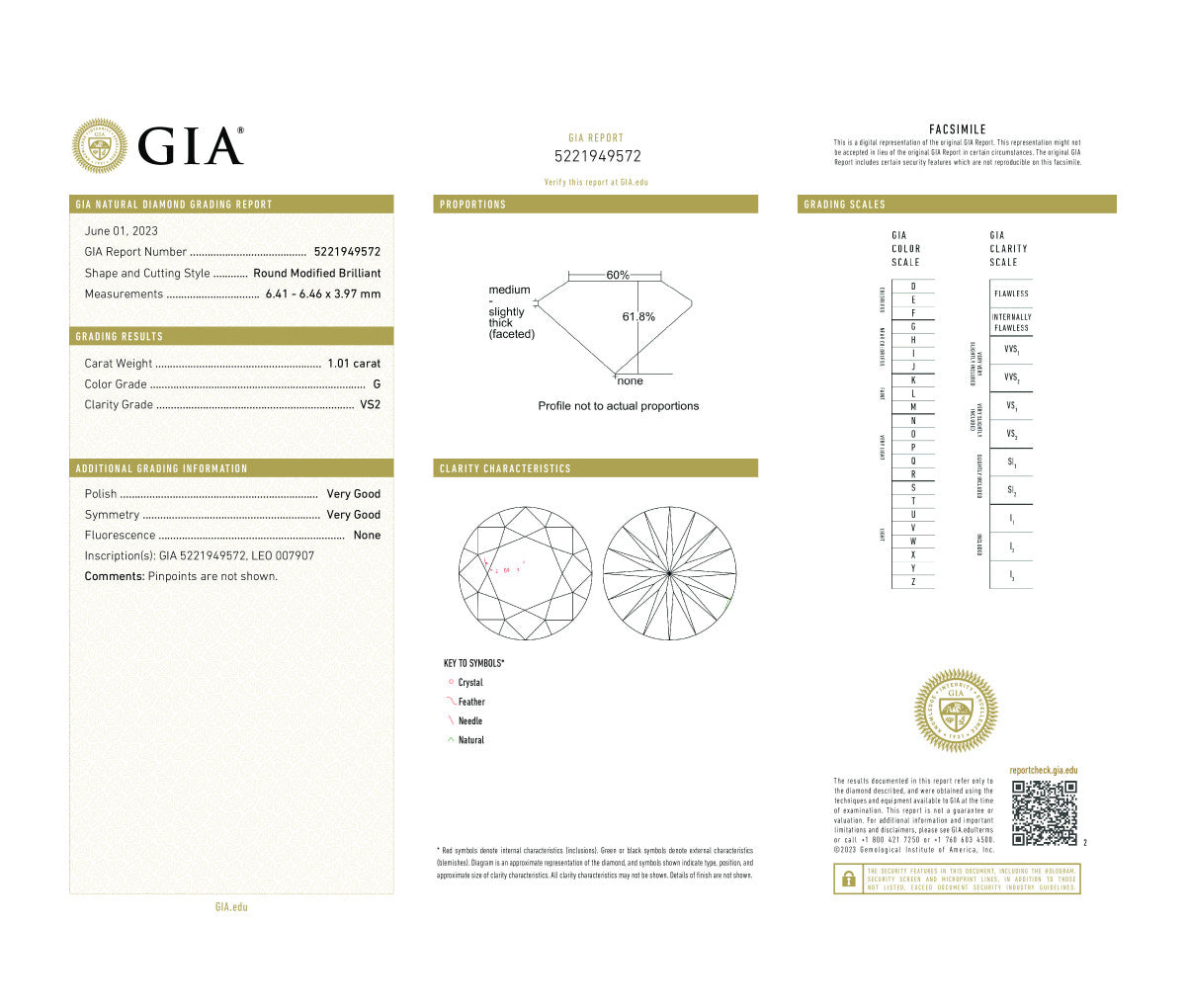 Round Modified Brilliant 1.01 G VS2  GIA Certified Diamond