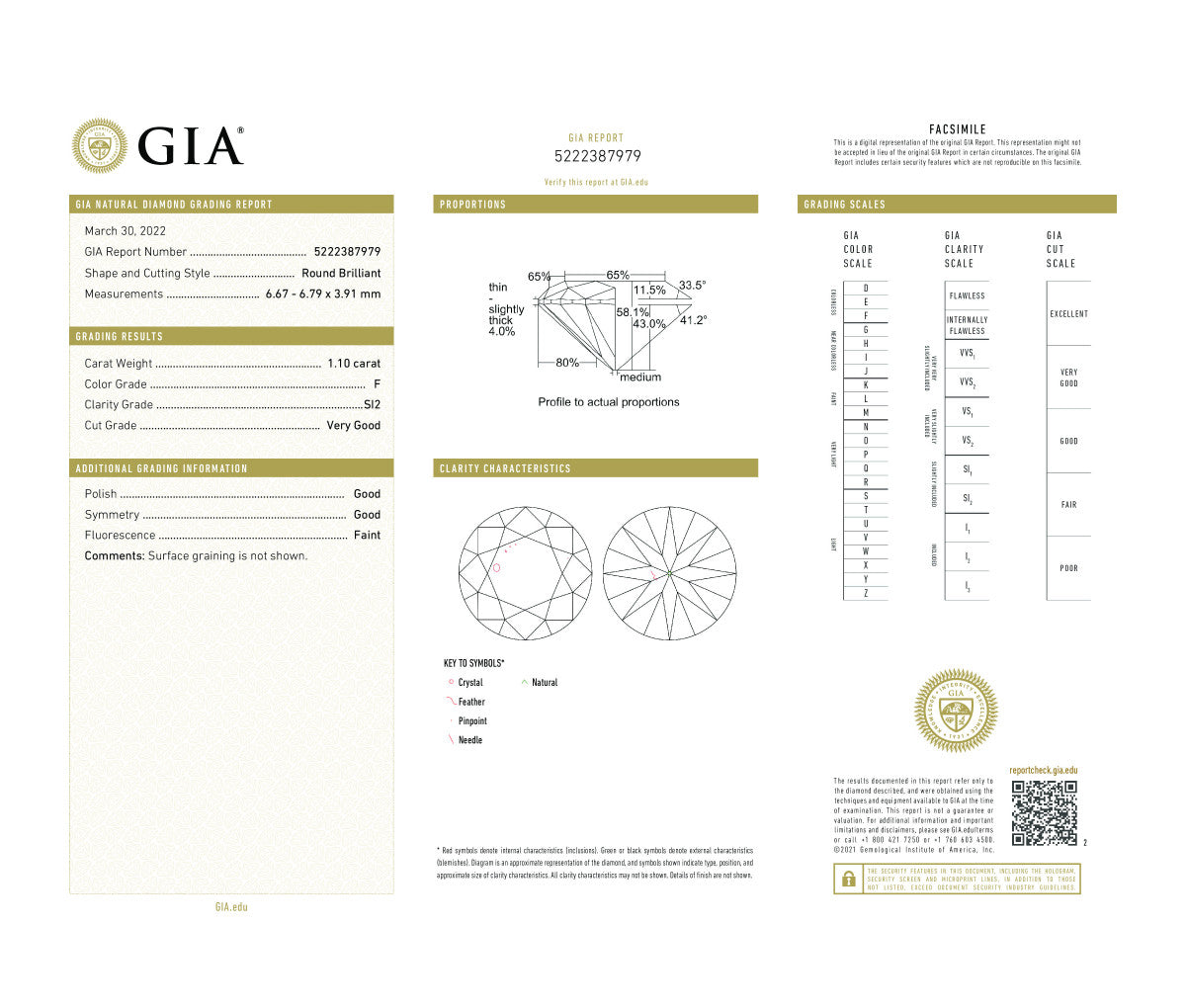 Round Brilliant 1.10 F SI2  GIA Certified Diamond