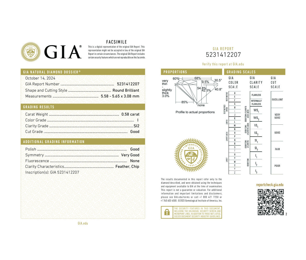 Round Brilliant 0.58 I SI2  GIA Certified Diamond