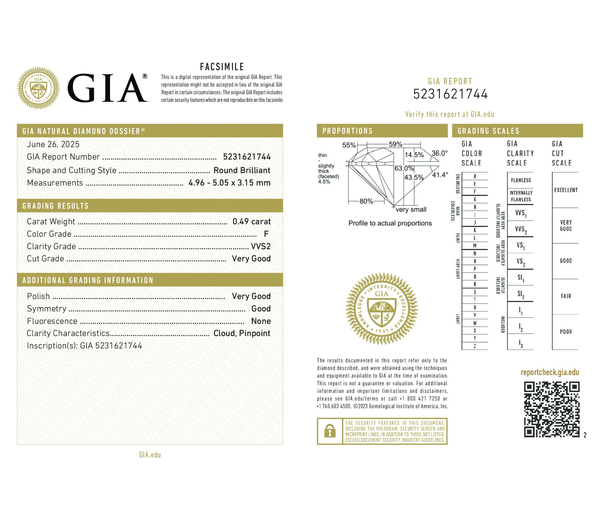 Round Brilliant 0.49 F VVS2  GIA Certified Diamond