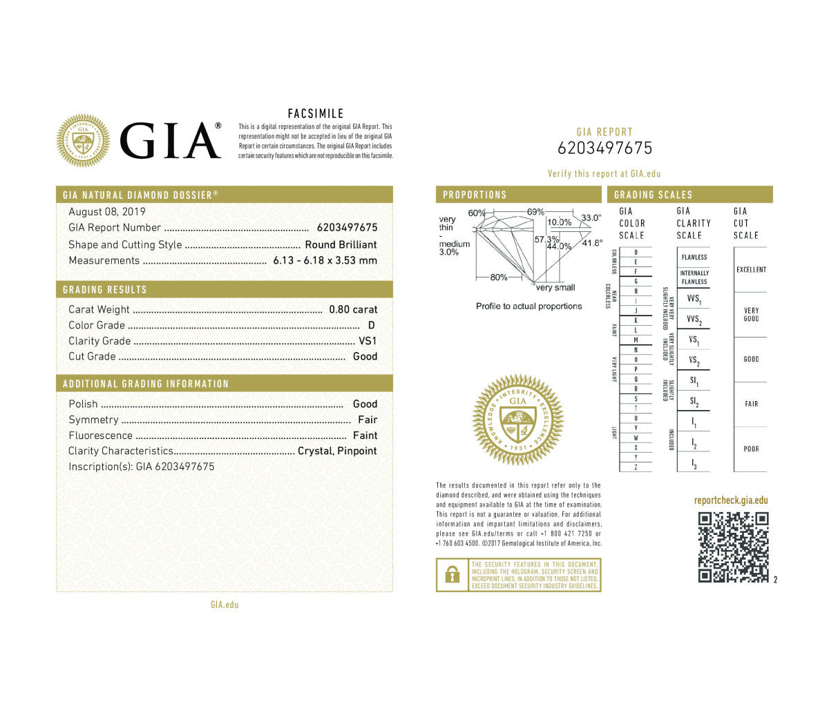 Round Brilliant .80 D VS1 GIA Certified Diamond