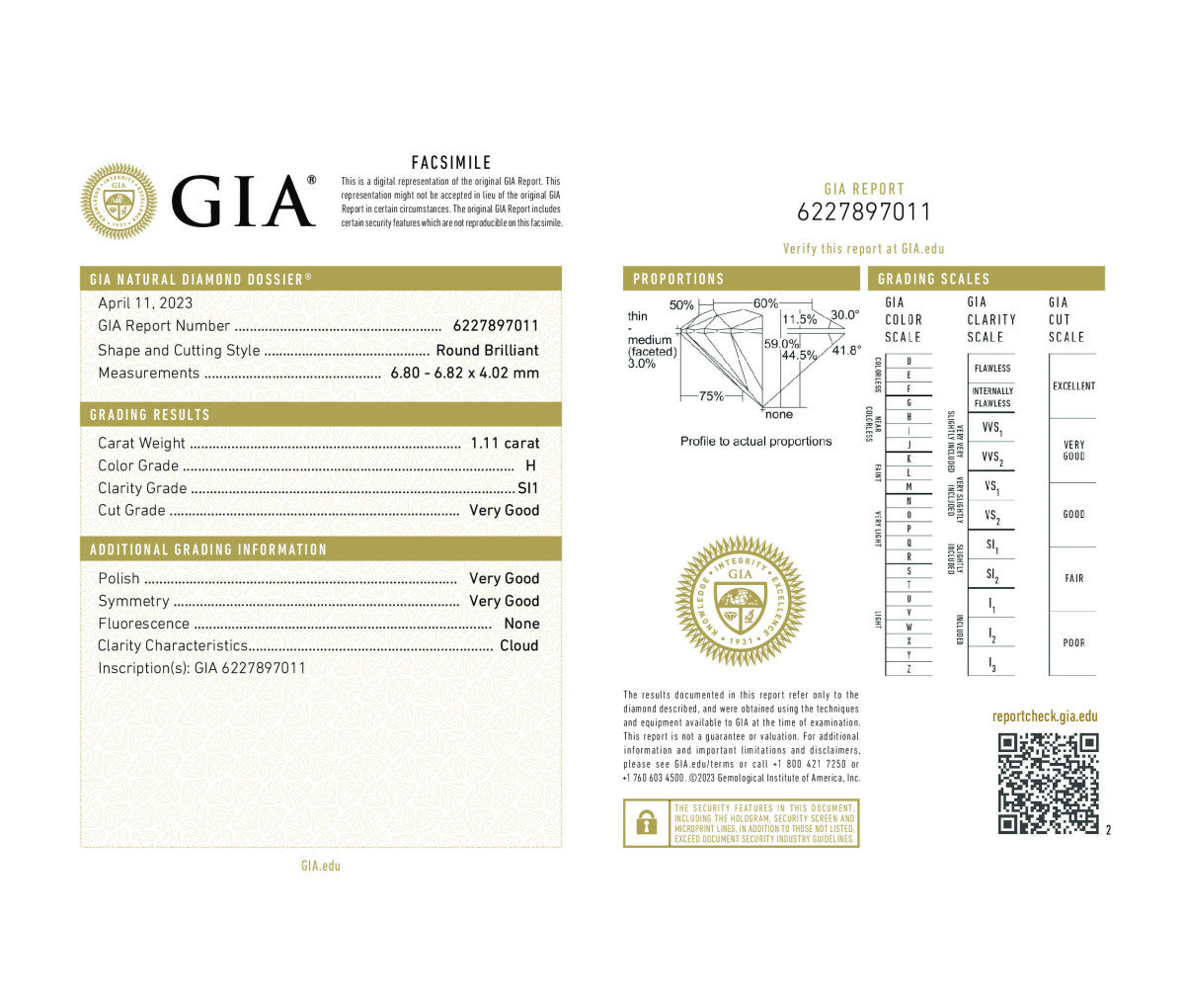 Round Brilliant 1.11 H SI1  GIA Certified Diamond