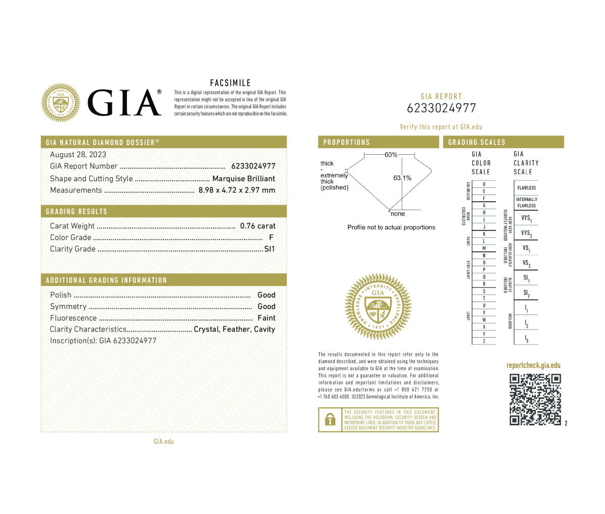 Marquise Brilliant 0.76 F SI1  GIA Certified Diamond