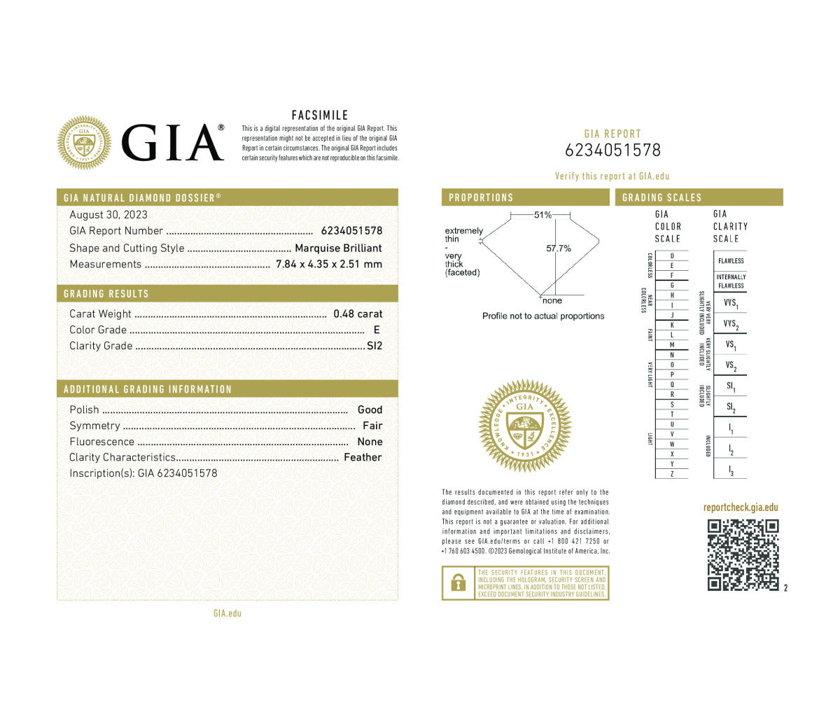 Marquise Brilliant 0.48 E SI2  GIA Certified Diamond
