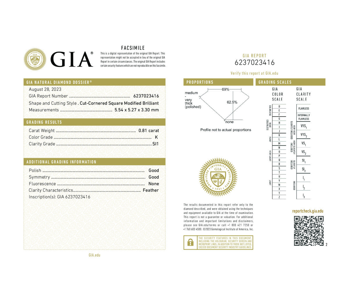 Cut-Cornered Square Modified Brilliant 0.81 K SI1  GIA Certified Diamond