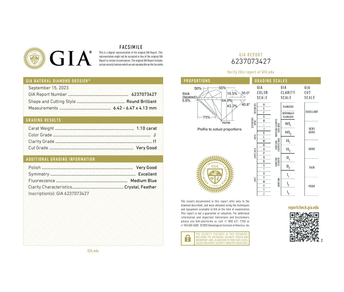 Round Brilliant 1.10 J I1  GIA Certified Diamond
