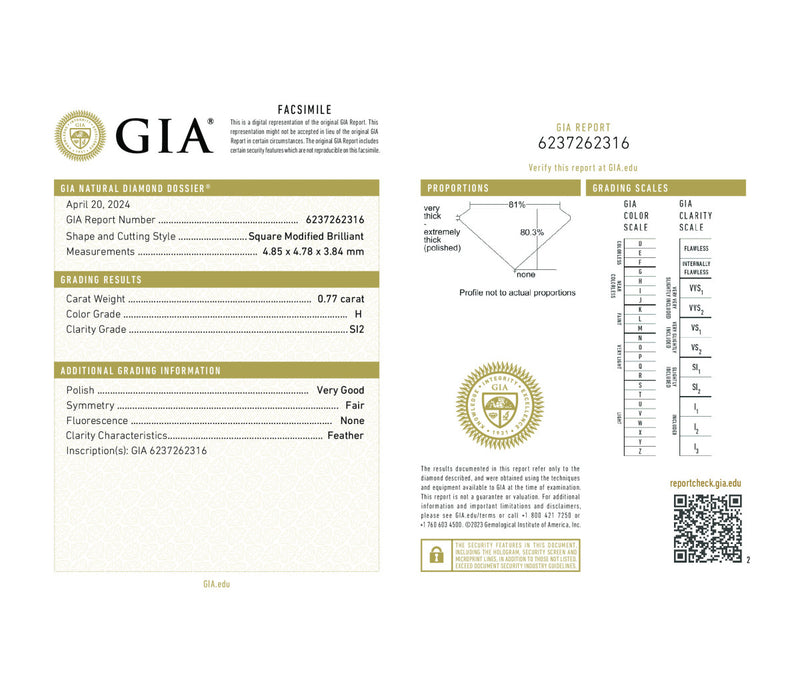 Princess Cut  .77 H SI2 GIA Certified