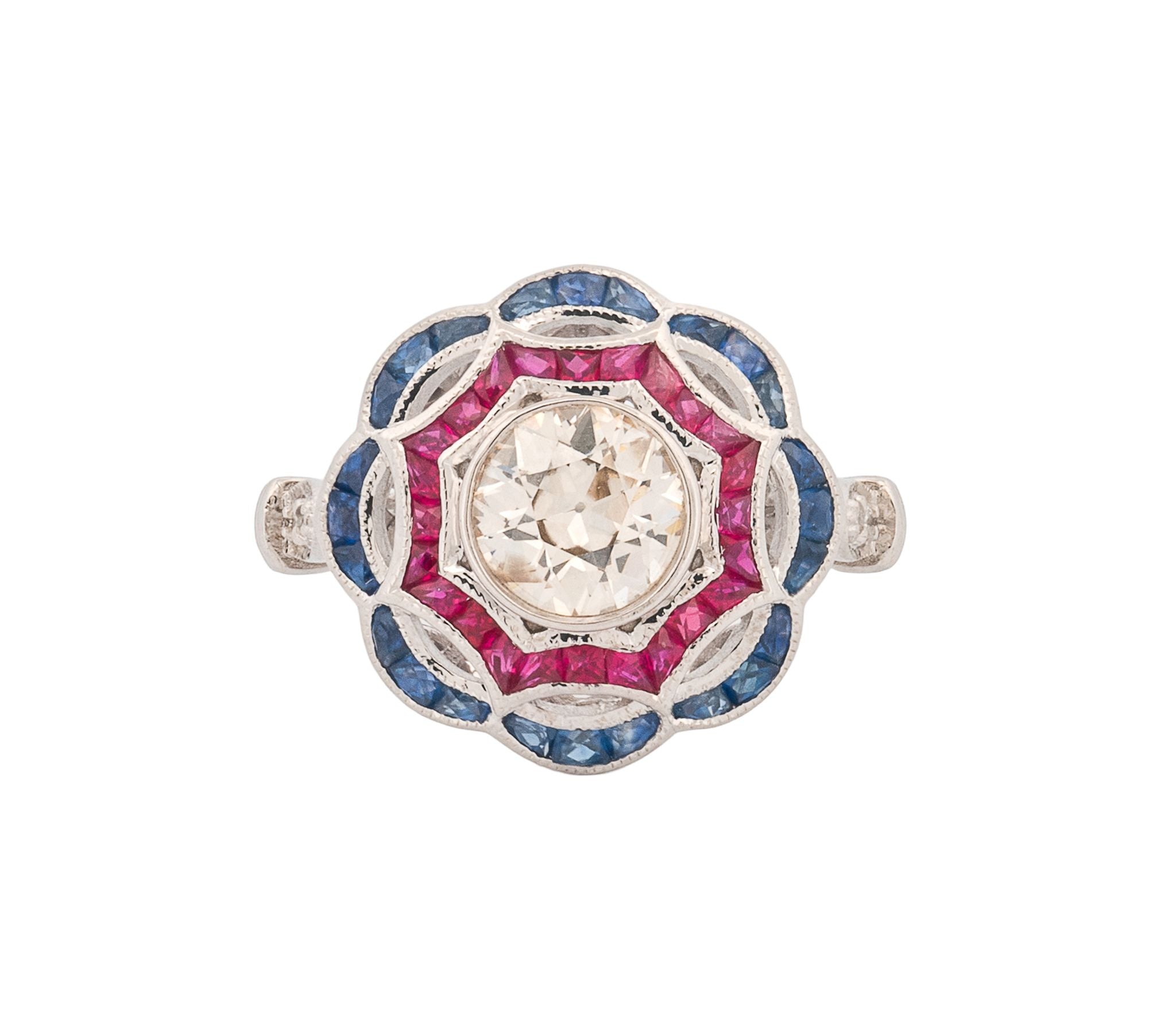 18K White Gold Diamond, Calibre-cut Ruby & Sapphire Engagement Ring