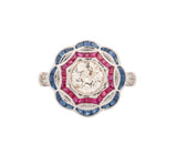 18K White Gold Diamond, Calibre-cut Ruby & Sapphire Engagement Ring