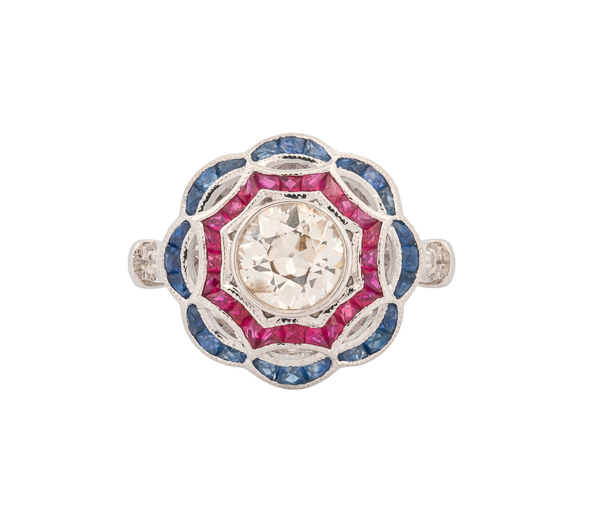 18K White Gold Diamond, Calibre-cut Ruby & Sapphire Engagement Ring