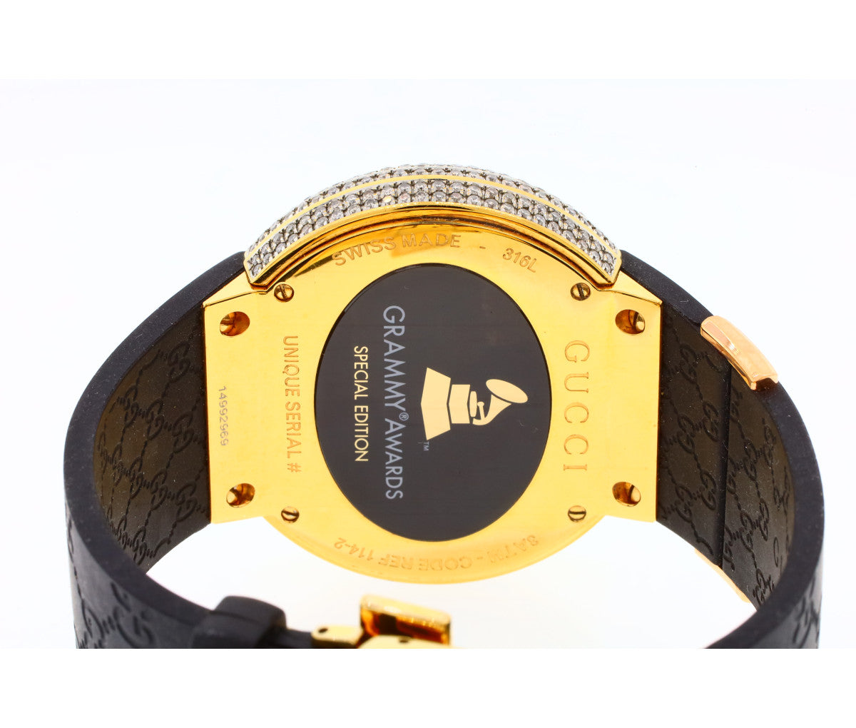 Gucci Grammy Special Edition Men's 44mm Gold SS Black Dial Diamond Bezel Quartz Digital Watch Model 114-2