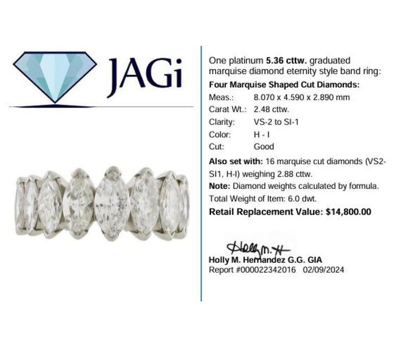 Platinum 5.36 Ct Graduated Marquise Diamond Eternity Wedding Band