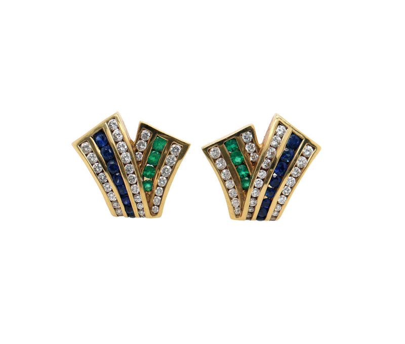 Women's Charles Krypell Diamond Blue Sapphire 18K "V" Clip On Earrings