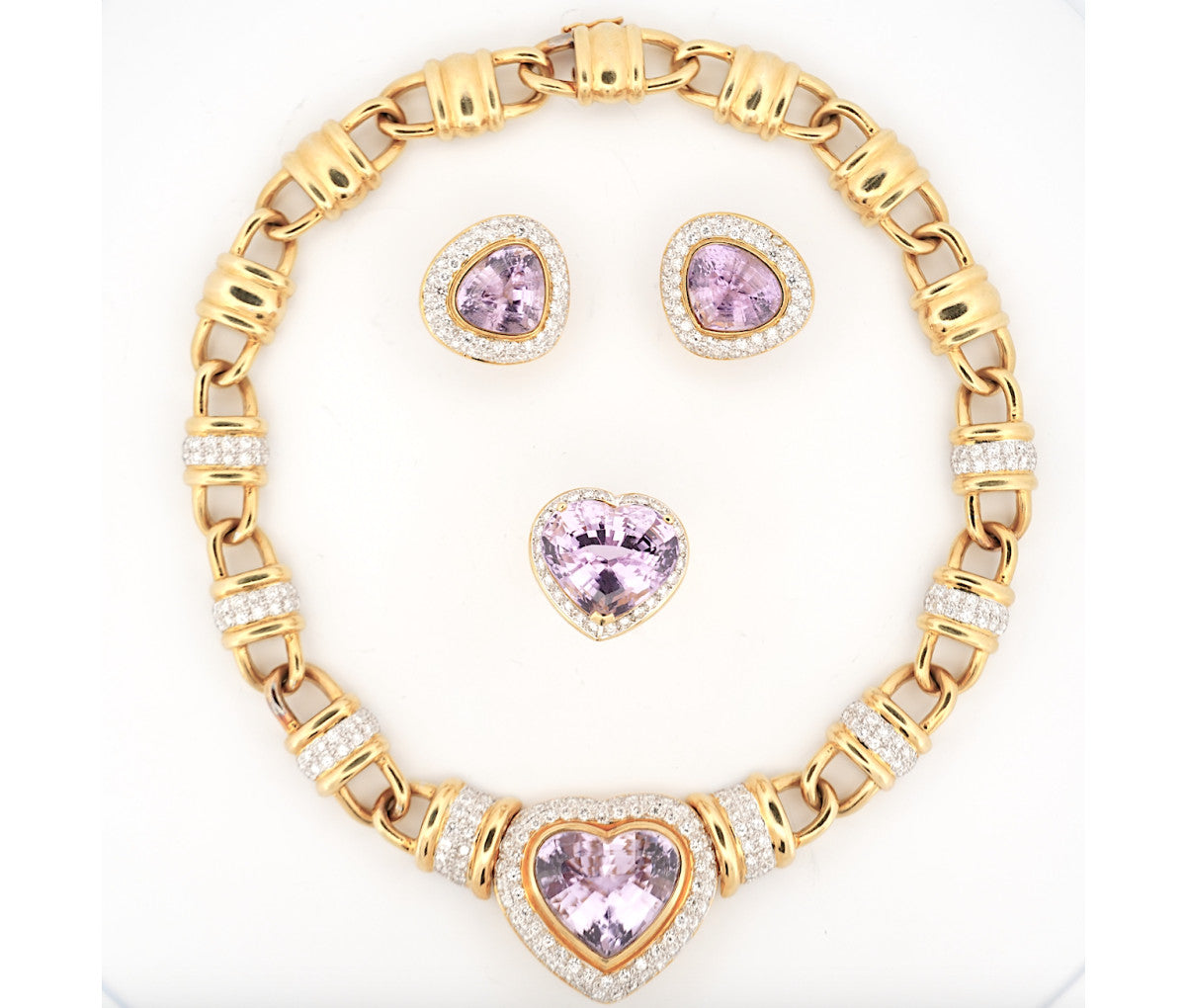 Women's 18k Kunzite Heart & Diamond Halo Bold Link Necklace Set