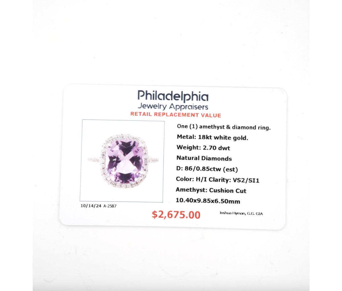 Women's 18k Amethyst & 0.85ct Diamond Ring 2.8dwt