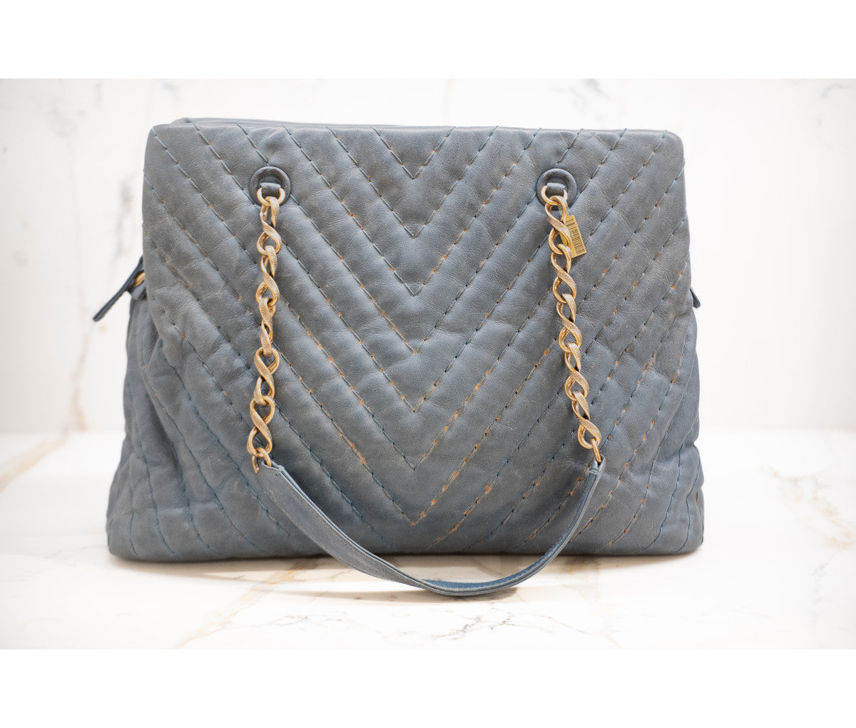 Chanel Blue Leather Surpique Chevron Tote